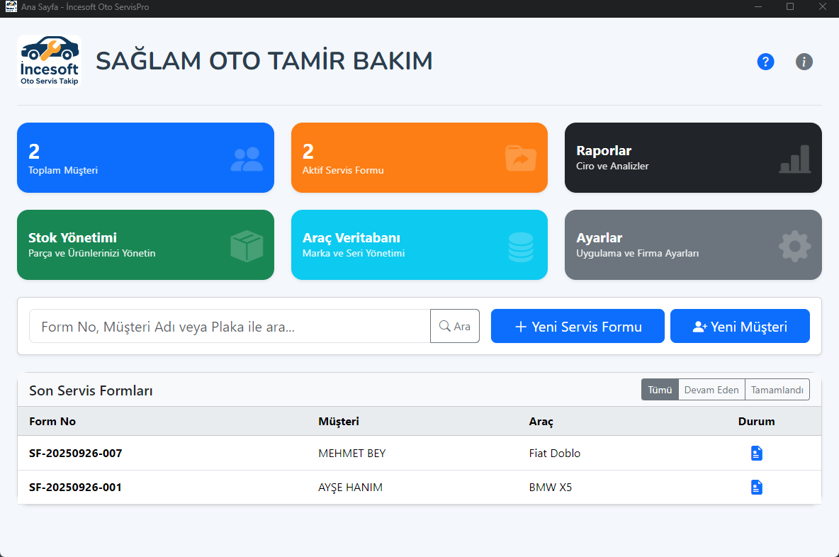 İnceSoft Oto Servis Programı Ekran Görüntüsü